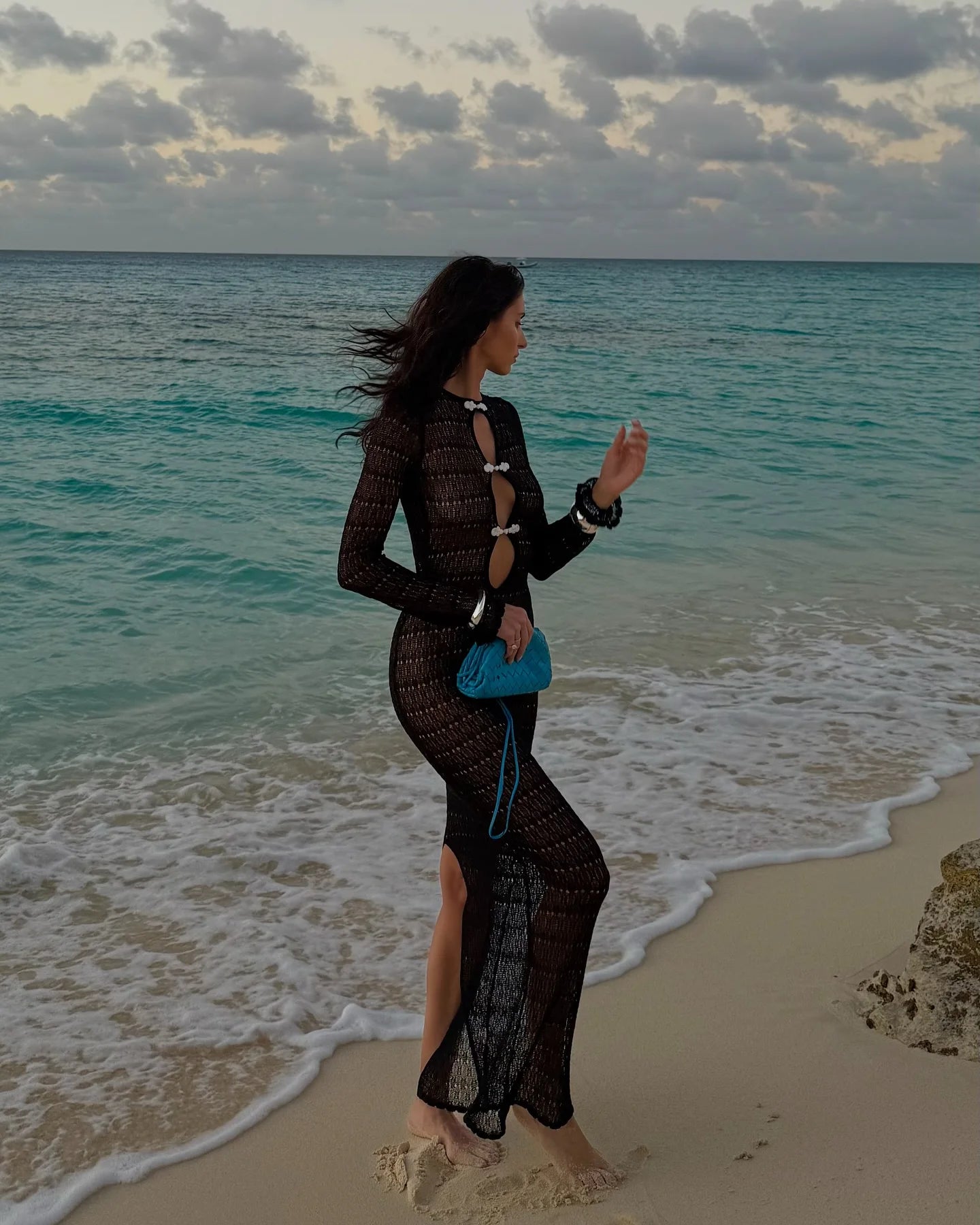 Hollow Crochet Sweater Maxi Dress - Long Sleeve Cover Up