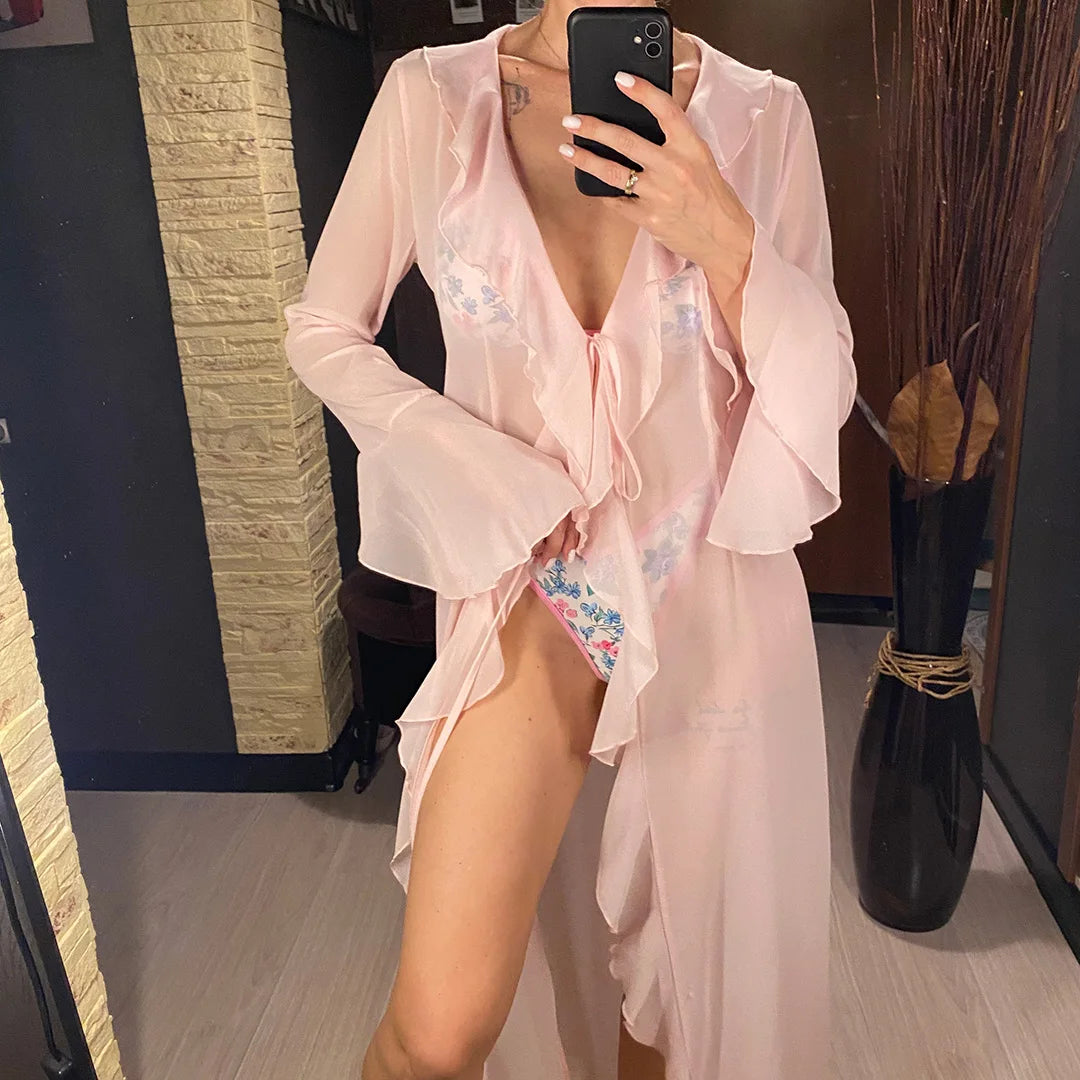 V Neck Ruffled Long Sleeve Chiffon Beach Cover Up Dress