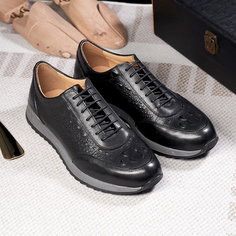 Men's Genuine Leather Crocodile Pattern Oxford Sneakers – Lace-Up Casual Flat Shoes