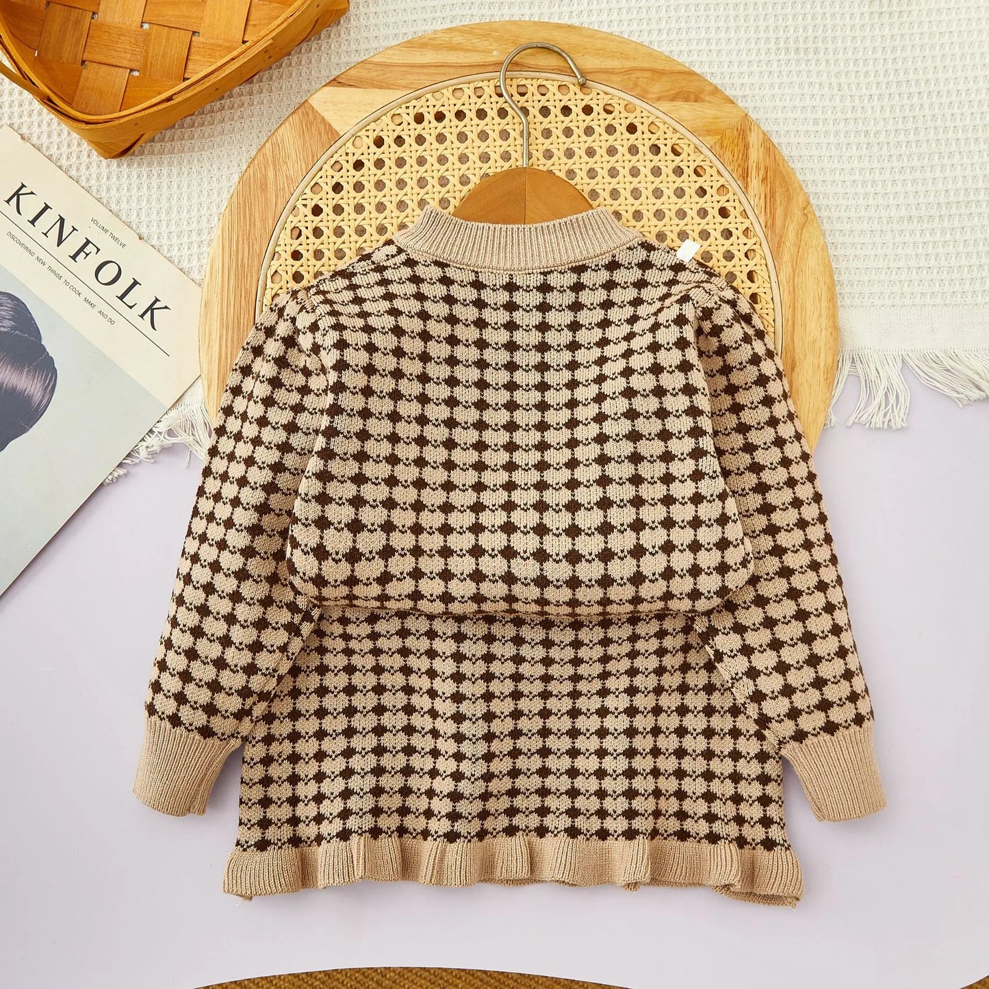 Girls Winter Knitted Cardigan & Skirt Set – Checkered Plaid