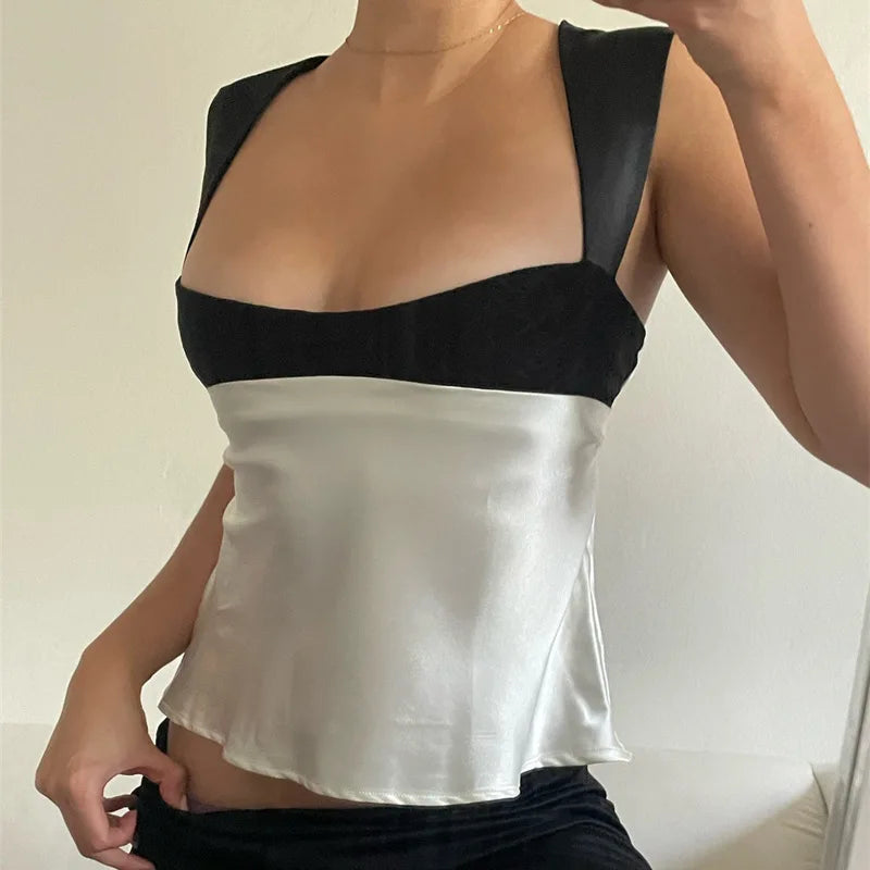 Women's Satin Plunge Crop Top  - Panelled Backless Cropped Vest Top