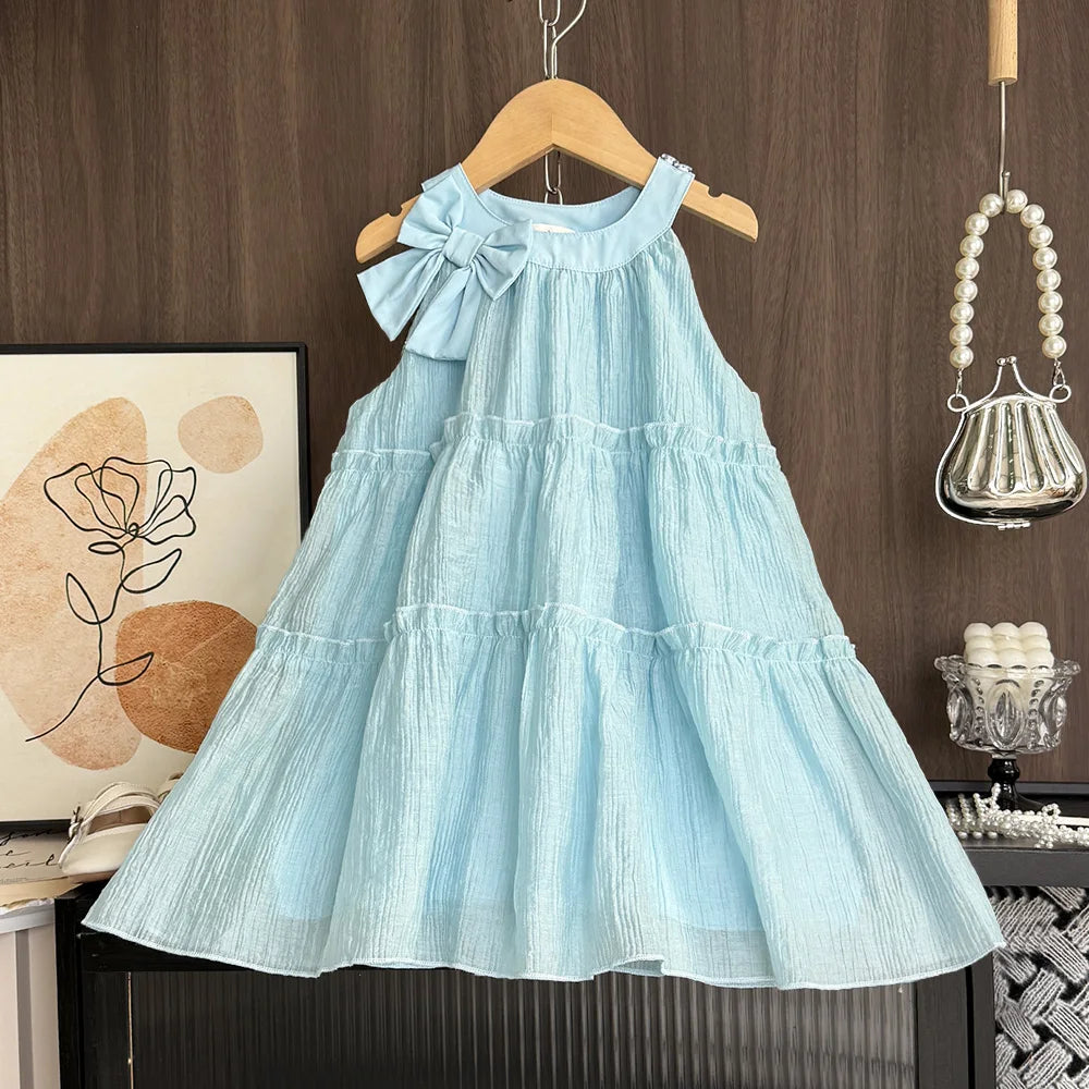 Girl's Neck Hanging Summer Plain Casual Bow Sleeveless Easter Dress