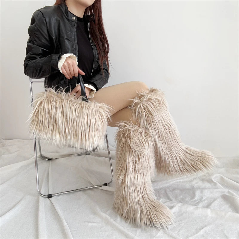 Winter Women Faux Fur Boots And Bag Set - Fluffy Warm Snow Boots Cute Tote Fur Handbag and Platform Plush Boots