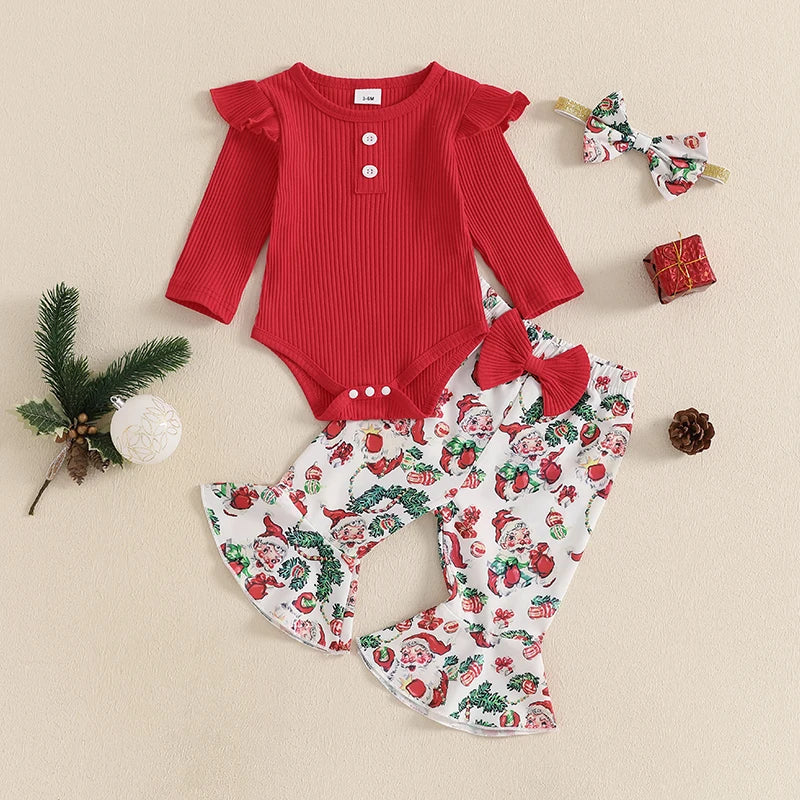 0-18M Baby Girls Christmas Clothes Set - 3pcs Long Sleeve Ribbed Romper Santa Claus Print Flared Pants Headband