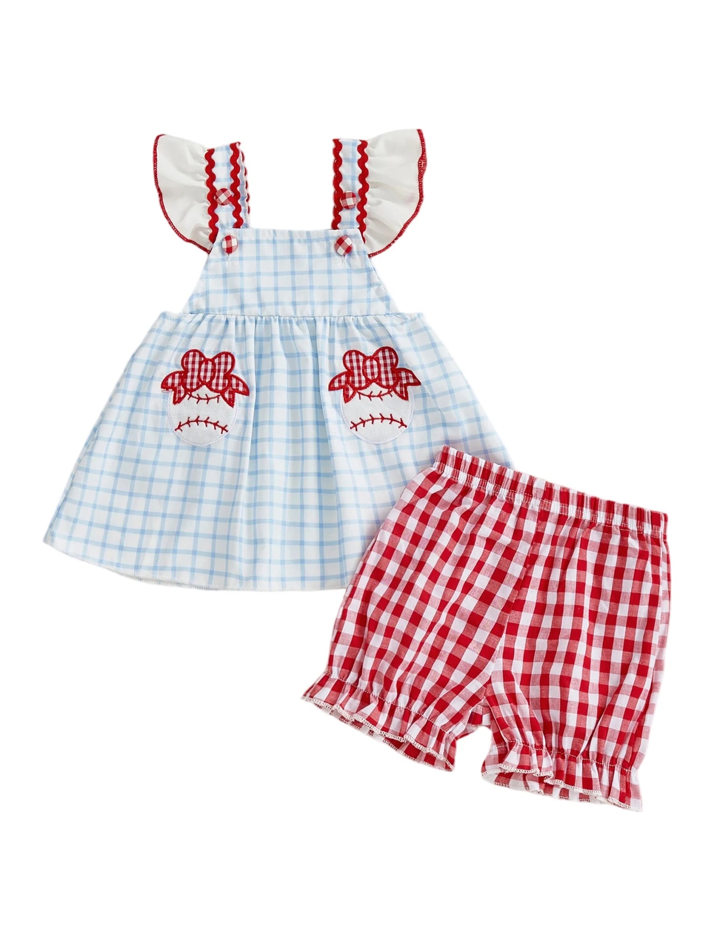 Toddler Girls 2-Piece Outfit Set - Plaid Baseball Embroidery Top & Shorts