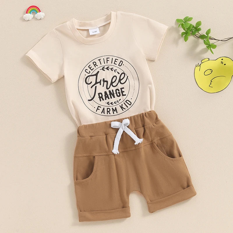 0-3Y Infant Baby Boys Summer Clothes Sets - 2pcs Short Sleeve Letter Farm Print Tops and Drawstring Shorts