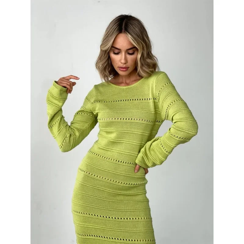 Women's Striped Hollow Two-Wear Knitted Long Dress  Sweater Dress