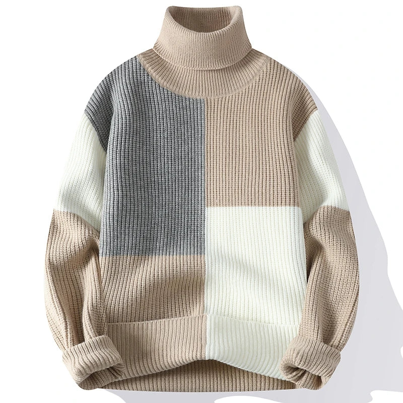 Men's Turtleneck Patchwork Knitted Pullover Sweater