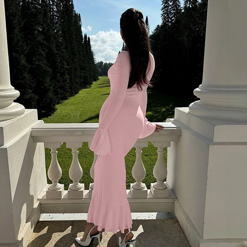 Women's Ruffle Detail Flare Sleeve Maxi Draped V Neck Dress