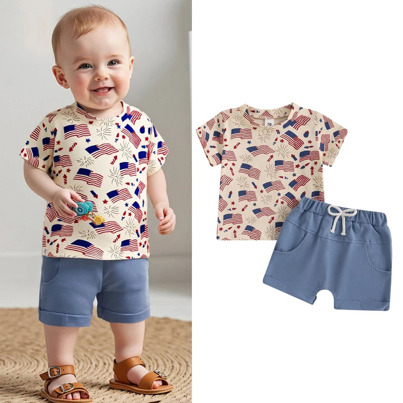 0-3Y Infant Baby Boys American Flag Clothes Sets Short Sleeve Flag Print T Shirts Drawstring Shorts Set