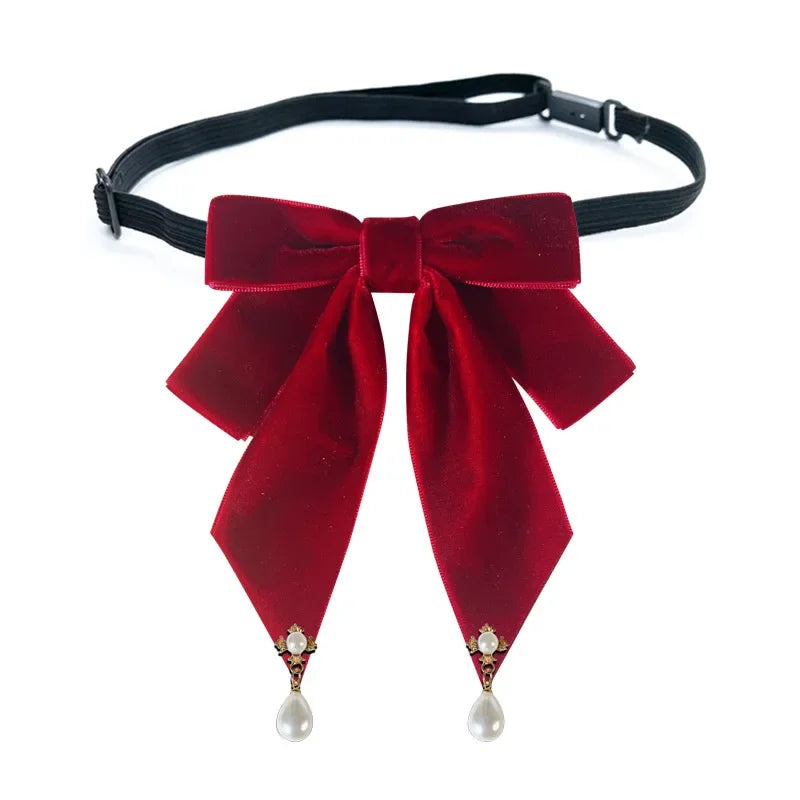 Vintage Velvet Fabric Bow Tie Brooch - Pearl Bowknot Badge Shirt Collar Pin Luxury Necktie