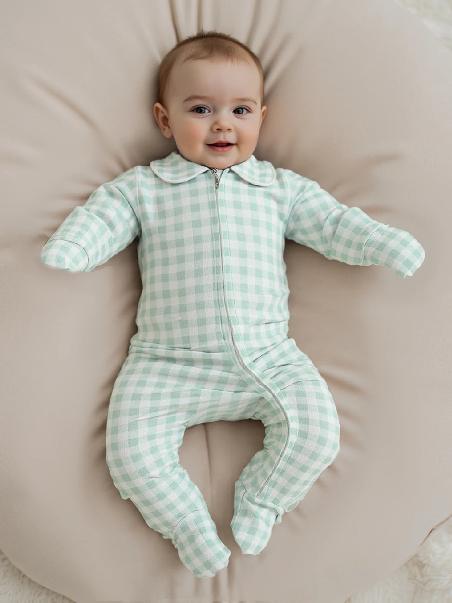 Newborn Baby Plaid Romper - Doll Collar Long Sleeve Zip-Up Footed Jumpsuit