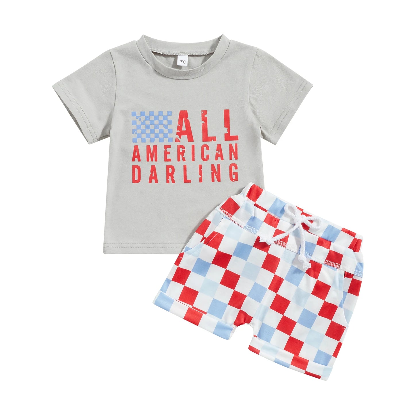 0-3Y American  Baby Girls Boys Clothes Sets Letter Print Short Sleeve T-Shirts and Checkerboard Shorts 2Pcs