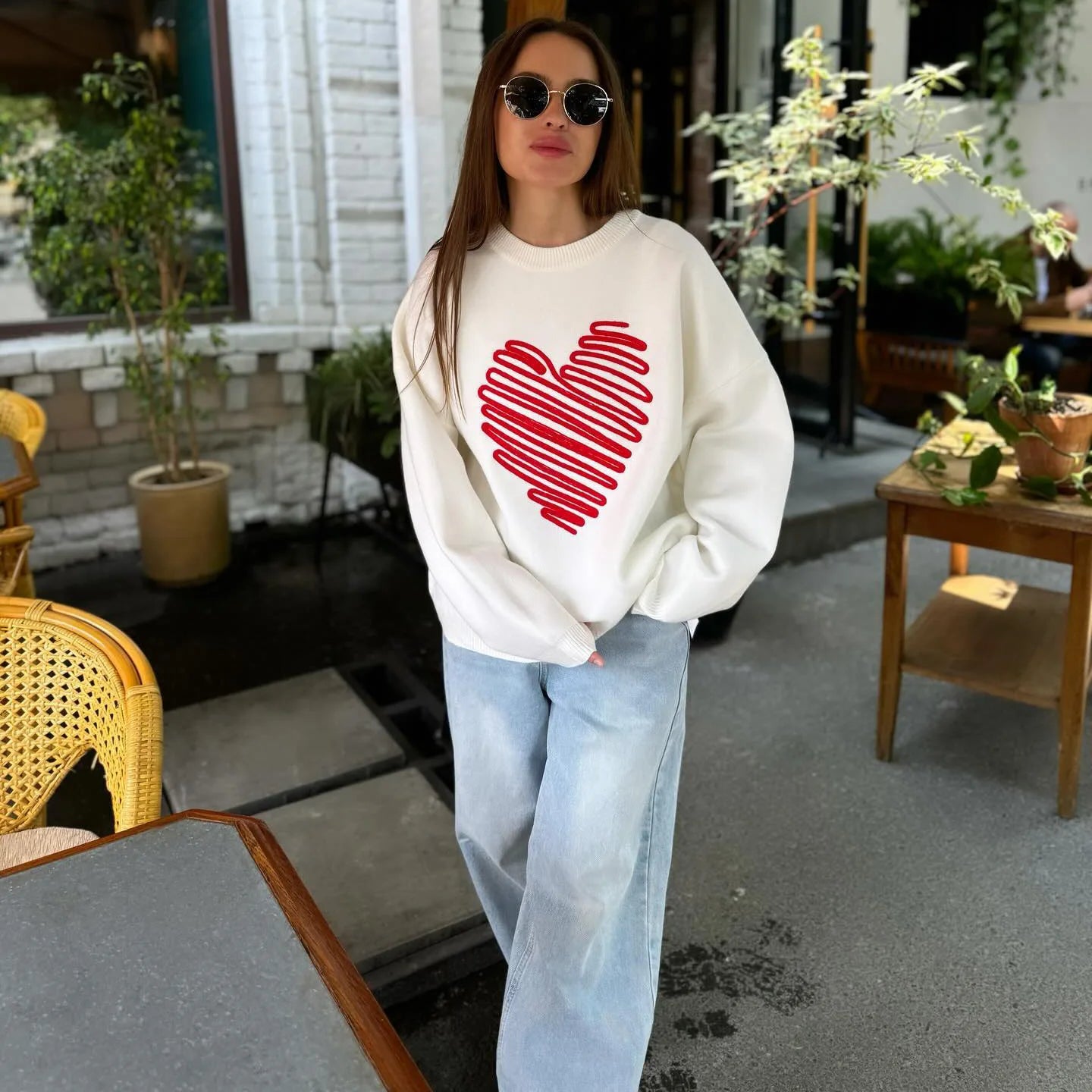 Women's Heart Knitted Loose Pullovers Long Sleeve Sweater