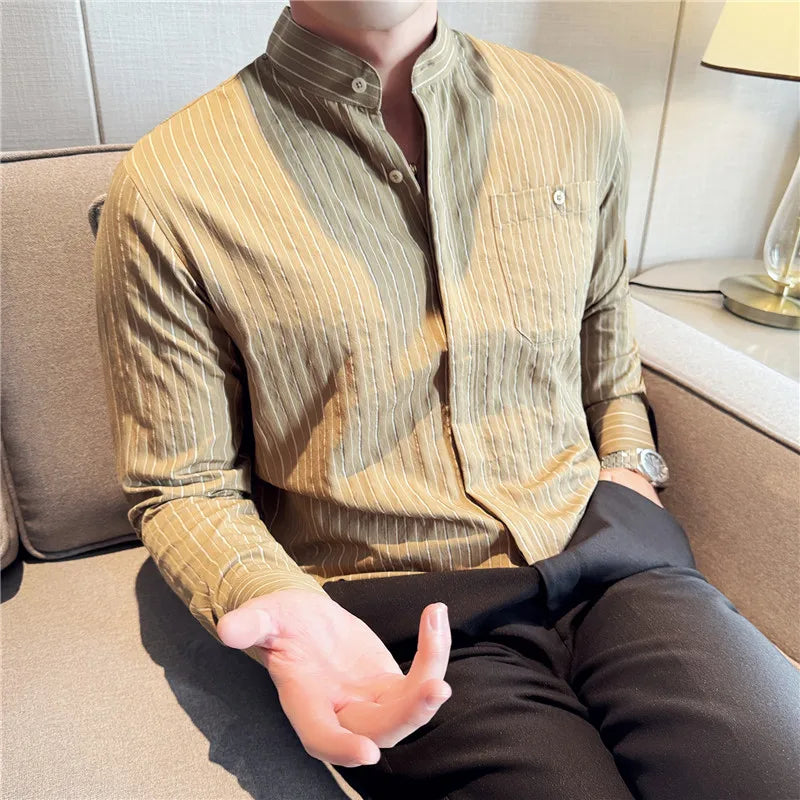 Men's Striped Stand Collar Long Sleeve Single Breasted Shirt