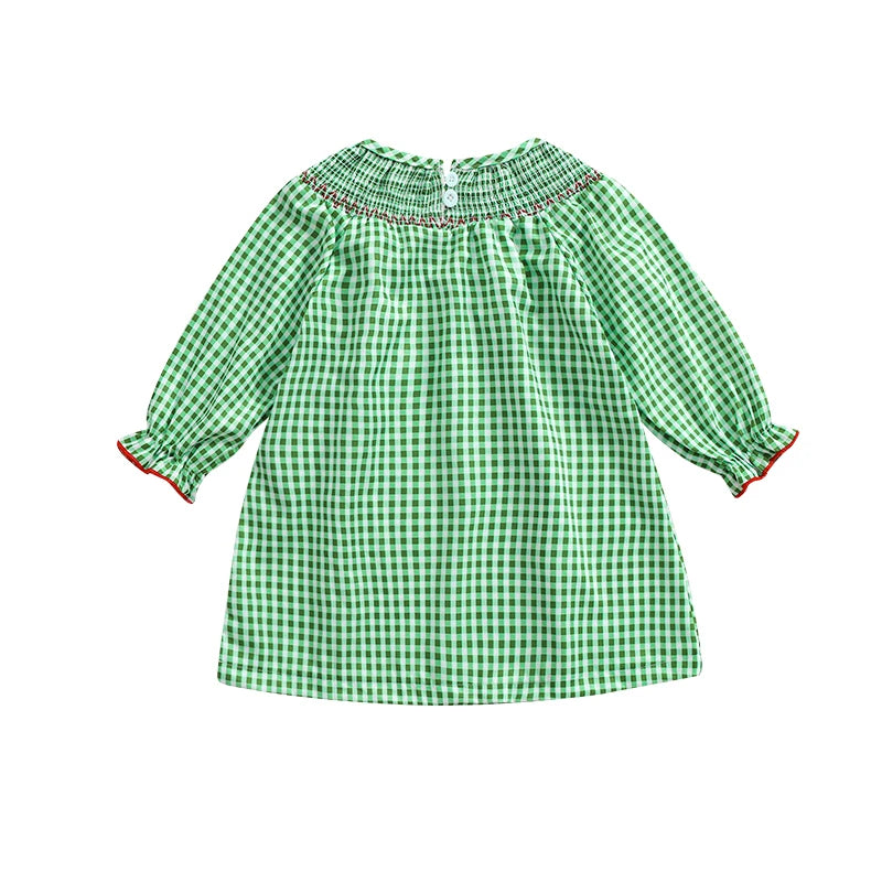 Christmas Santa Embroidery Plaid A-Line Dress - Girls Long Sleeve Festive Dress