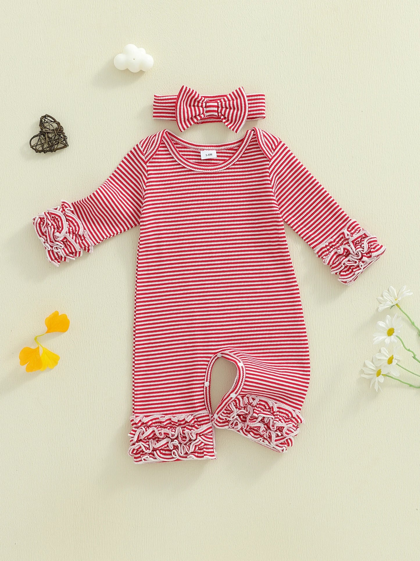 Baby Girls Striped Romper Outfit - Long Sleeve Full Length Jumpsuit with Bow Headband (0-18M)