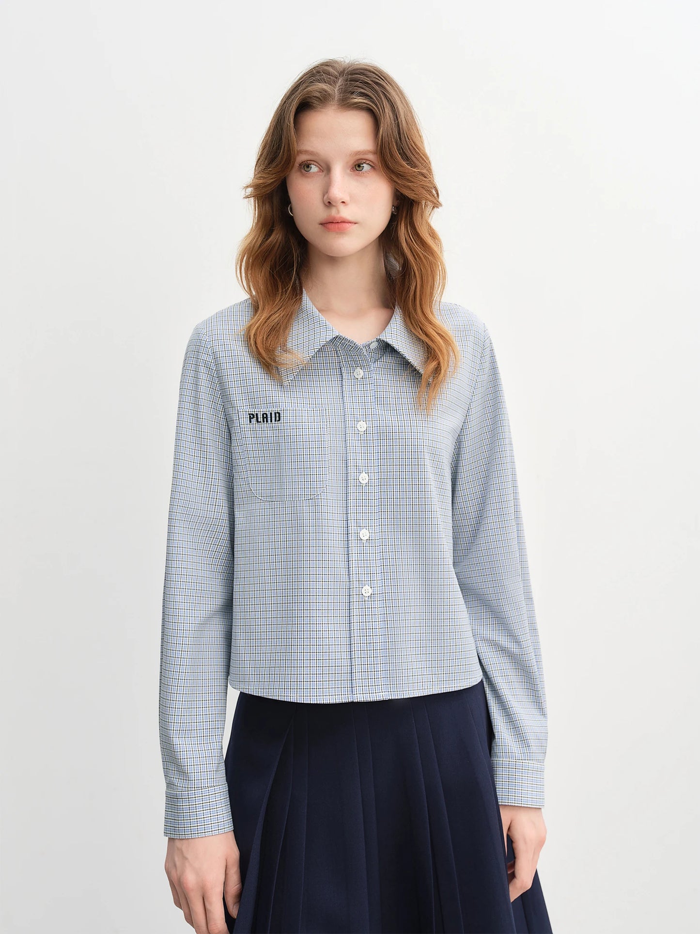 Blue Plaid Shirt & Navy Skirt Set - Long Sleeve Two-Piece