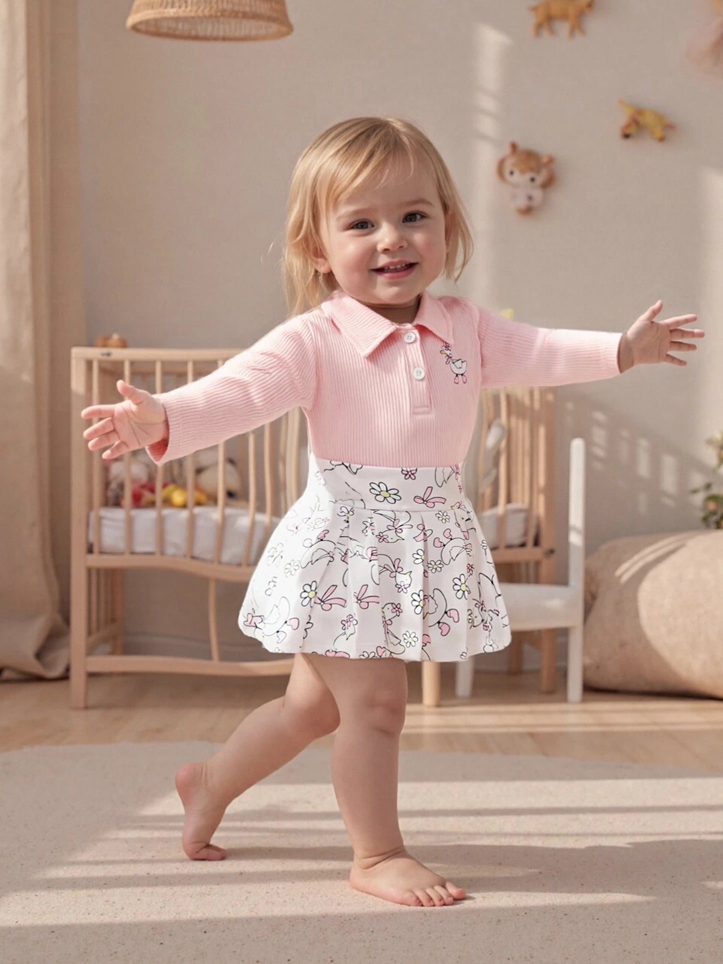 Baby Girls Animal Embroidery Outfit Set - Long Sleeve Top & Floral Print Skirt (0-4Y)
