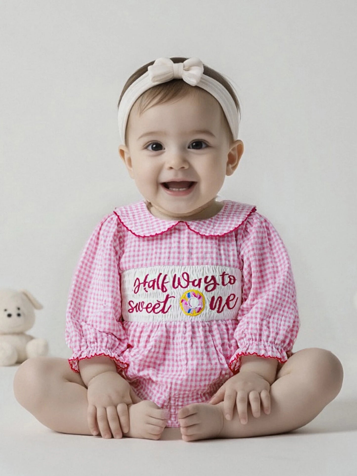 Newborn Baby Girls' Plaid Bubble Romper - Letter Embroidery Doll Collar Smocked Jumpsuit