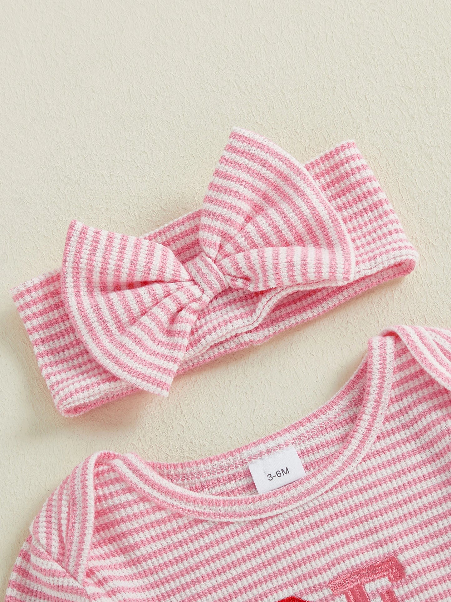 Newborn Baby Romper with Headband - Love Heart Embroidery Stripe Design