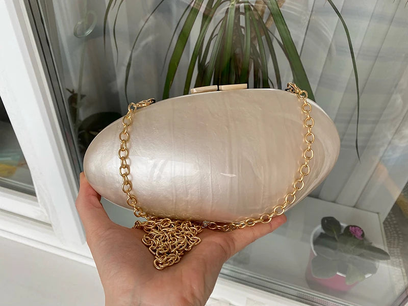 Women's Pearl Acrylic  Clutch Purse Mini Shell Chain Shoulder Crossbody Handbag