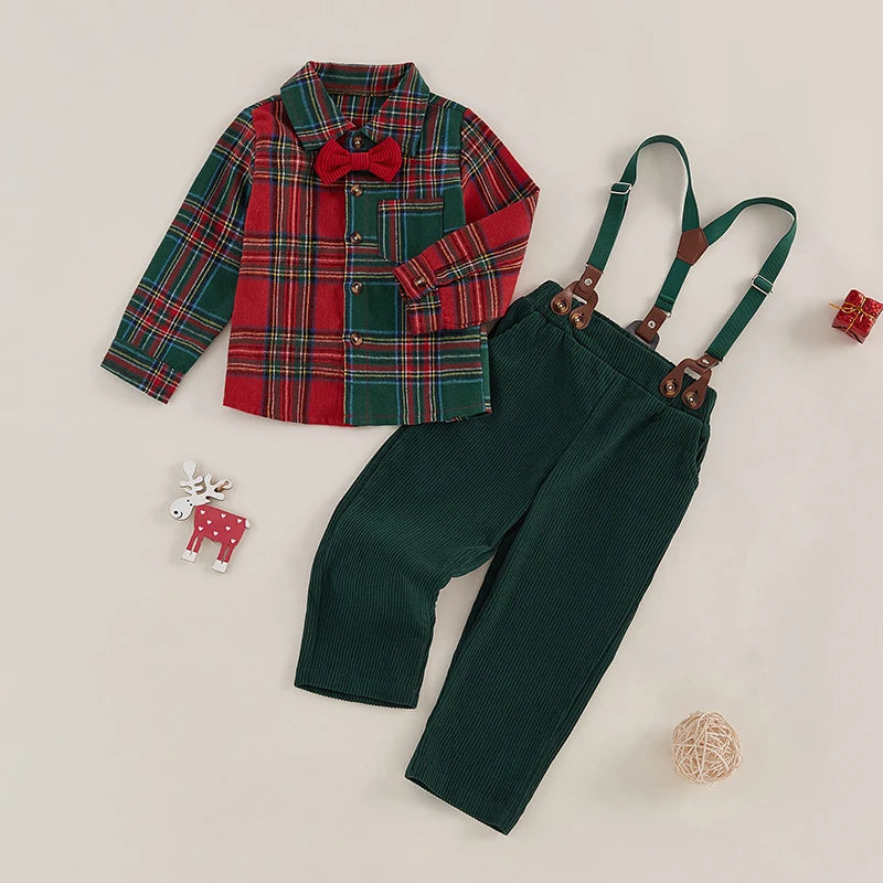 1-7Y Toddler Kids Boys Gentleman Clothes Sets Christmas Plaid Print Button Long Sleeves Shirt and Suspender Pants