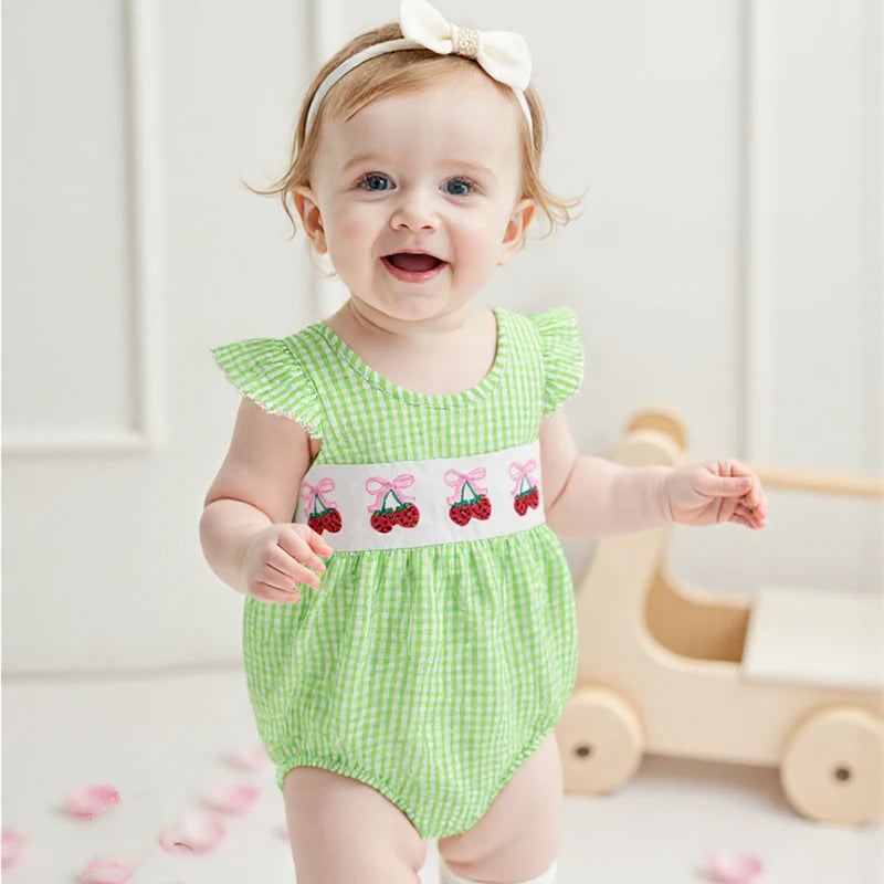 Baby Fruit Embroidery Romper - Ruffles Fly Sleeves Plaid Print Jumpsuit (0-18M)