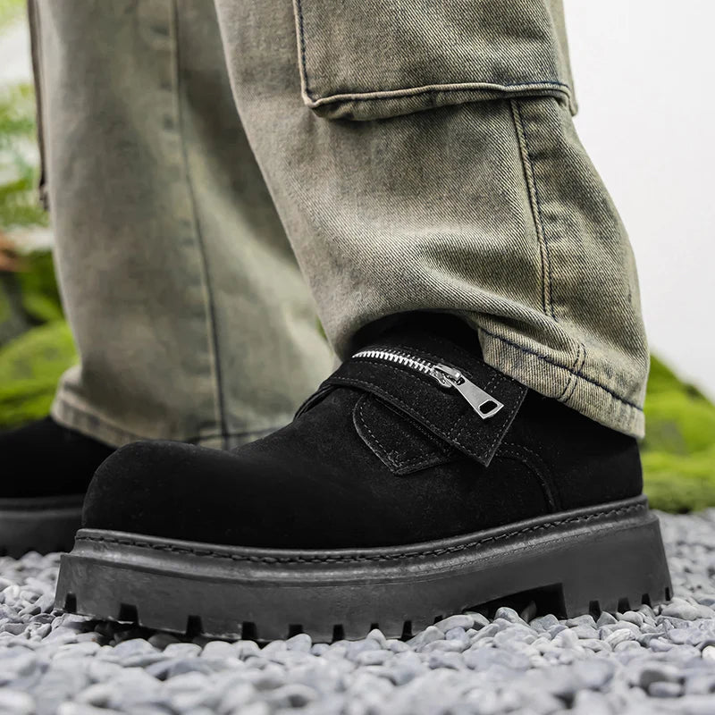 Men's Suede Leather Platform Work Shoes - Zipper Business Sneakers