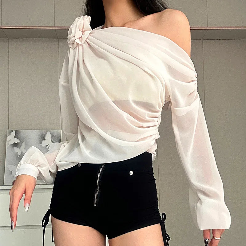 Women's Folds Flower Cover Up Mesh Sheer Long Sleeve Oversized  See Through Cover-up Shirt