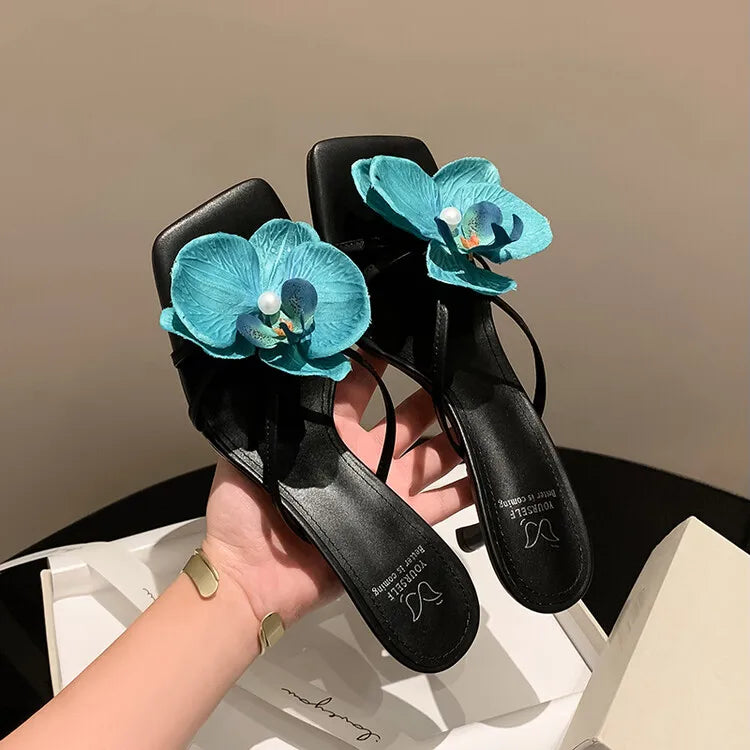 Women's 3D Flower Beach Slippers - Square Toe Heel Sandals