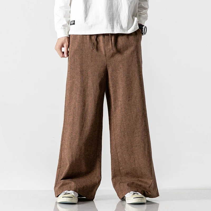 Men's Cotton Linen Wide Leg Pants Stripe Loose Harem Vintage Straight Casual Trousers