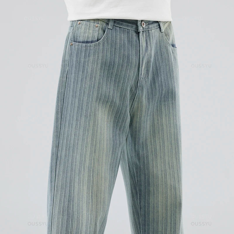Men's Cotton Striped Straight Leg Jeans | Zipper Fly | Moustache Effect Wash | Midweight | Spring Summer | High Street