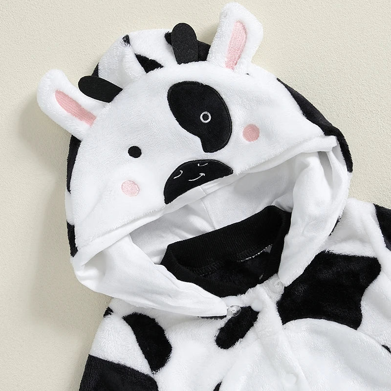 0-18M  Baby Boys Cute Romper Long Sleeve Cow Pattern Button Hooded Jumpsuit for Newborn