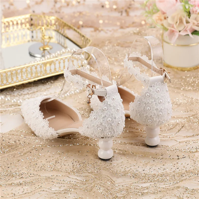 Women's 5cm Round Heel Shaped Heel Pearl Sandals