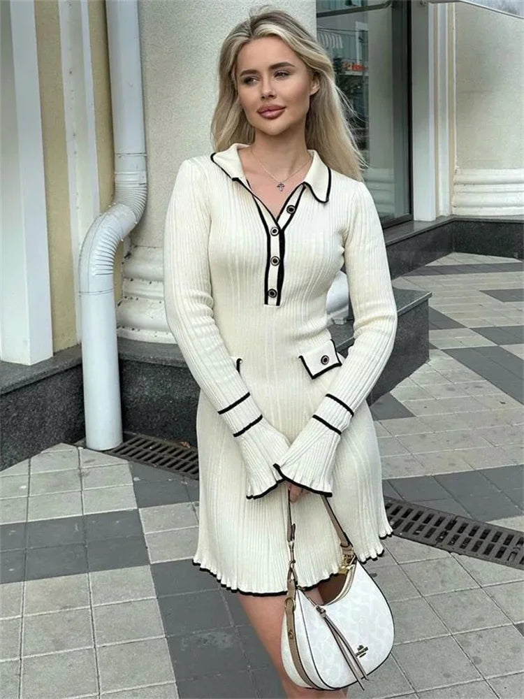 Women's Knitted Ruffled Rib High Waist Long Sleeve Banquet Dress