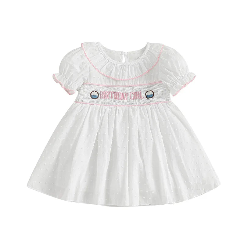 0-4Y  Kids Girls Birthday Dress 2 Style Short Sleeve Cake Embroidery Smocked Dress Summer A-Line Dress