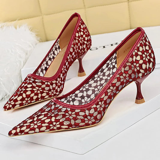 Women's Mesh Cutout Lace Pumps Kitten Heels Shoes Stiletto Heels