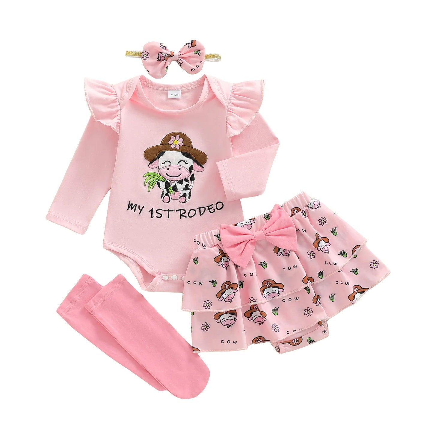 Newborn Baby Girls Boys Outfit Set - Cow Embroidery Romper with Skirt & Accessories 0-12M