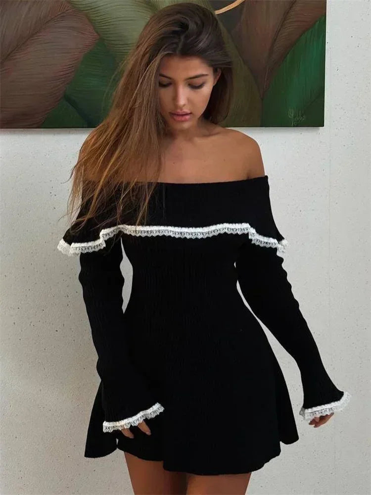 Women's Knit Off-Shoulder Sweater Mini Lace Patchwork Ribbed Slim Backless Elegant Party Knitwear Dress