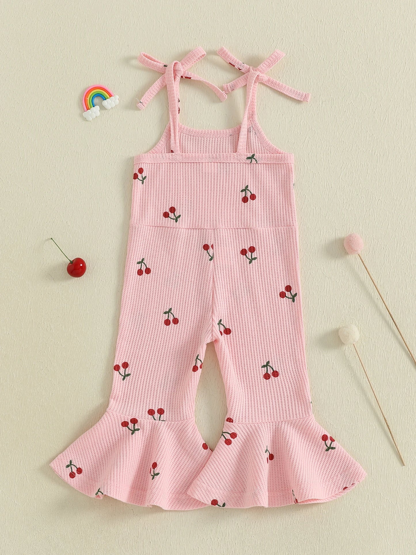 0-5Y Kids Girls Summer Jumpsuit Tie-up Spaghetti Straps Cherry Print Flare Romper Pants