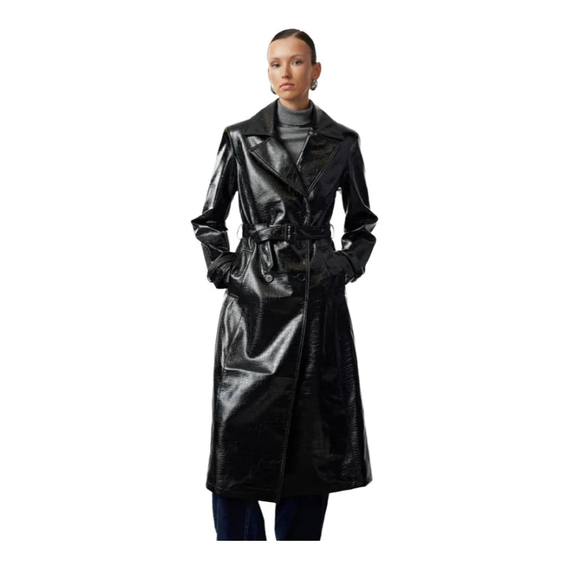 Women's Faux leather long Trench Belted,Regular fit Coat  Jacket