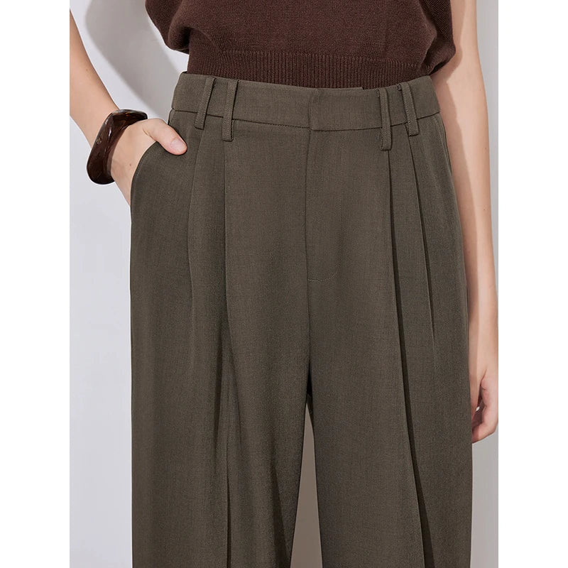 Women's High Waist Straight Leg Suit Trousers with Pockets | Brown