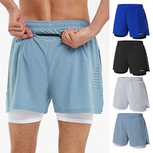 Men's Summer Swim Gym Sportswear 2 in 1 Compression Jogging Shorts Beach Casual Pants Double-deck Bottoms with Zipper Pockets