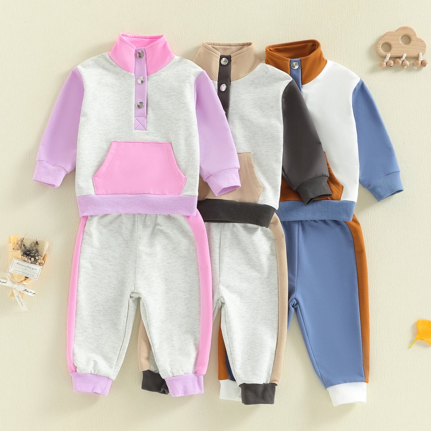 Toddler Kids Boys Girls Colour Patchwork Long Sleeve Stand Collar Pullover and Pants Set