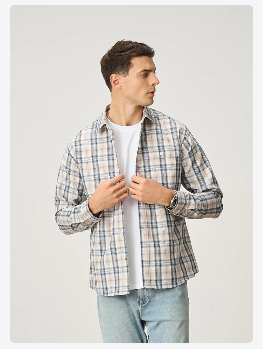Men's  Premium Cotton Linen Plaid Shirt - 180gsm Oversize Casual