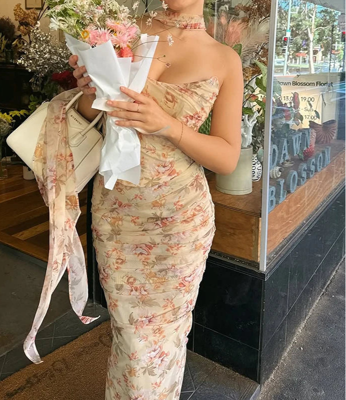 Women's Elegant Floral Print Dress Sets 2 Pieces Outfit Strapless Mesh Corset Top and Skirt Matching Set