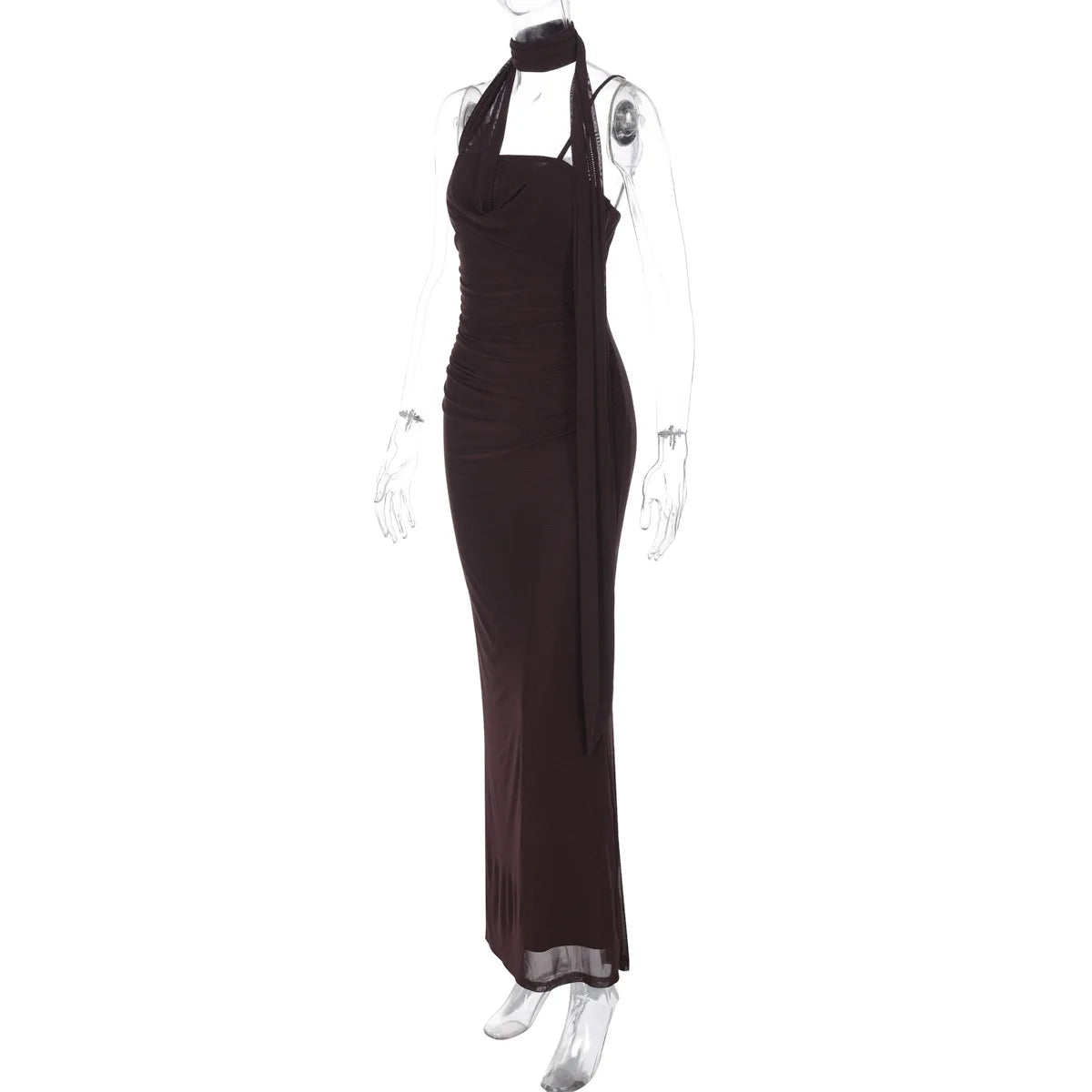 Women's Elegant Neck Scarf Ruched Backless Maxi Dress - Slip Gown