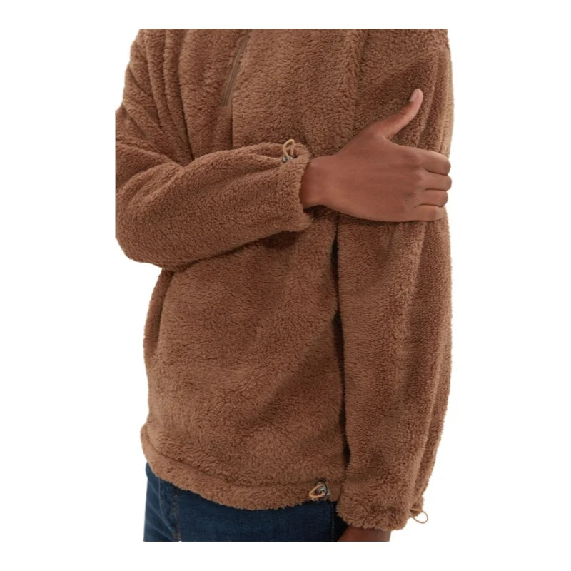 Men's Fabric Loose Plain Plush Standard Sleeve Zippered Standing Collar Sweatshirt