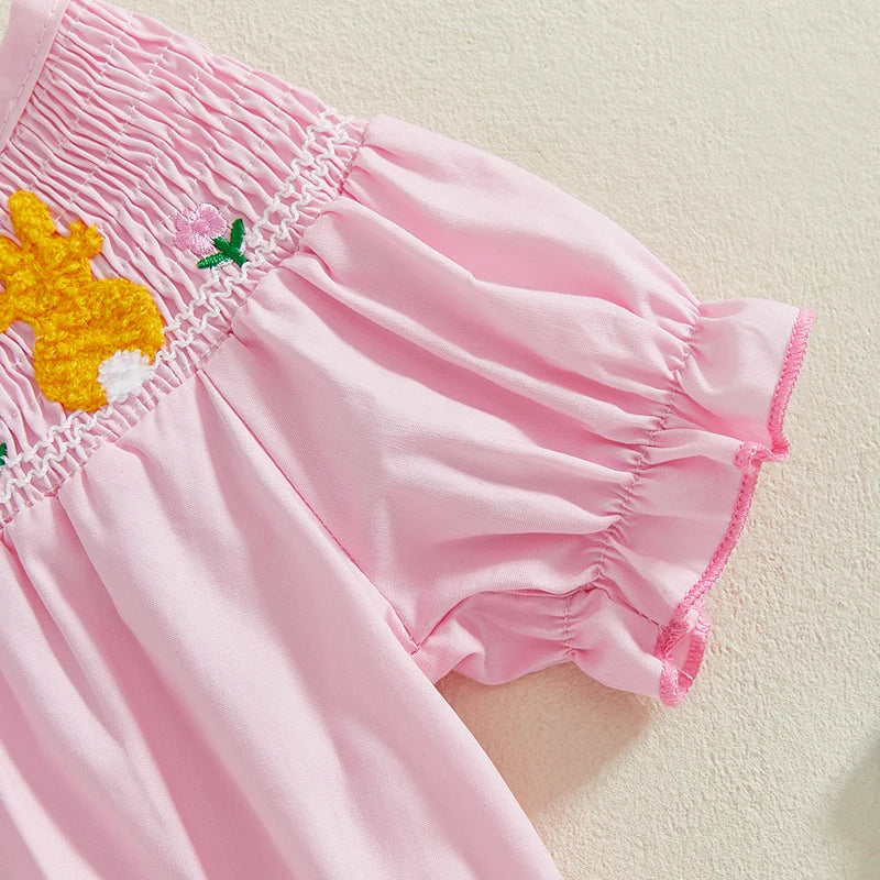 Baby Girls Easter Romper - Ruffled Sleeve Rabbit Embroidery Smocked Jumpsuit